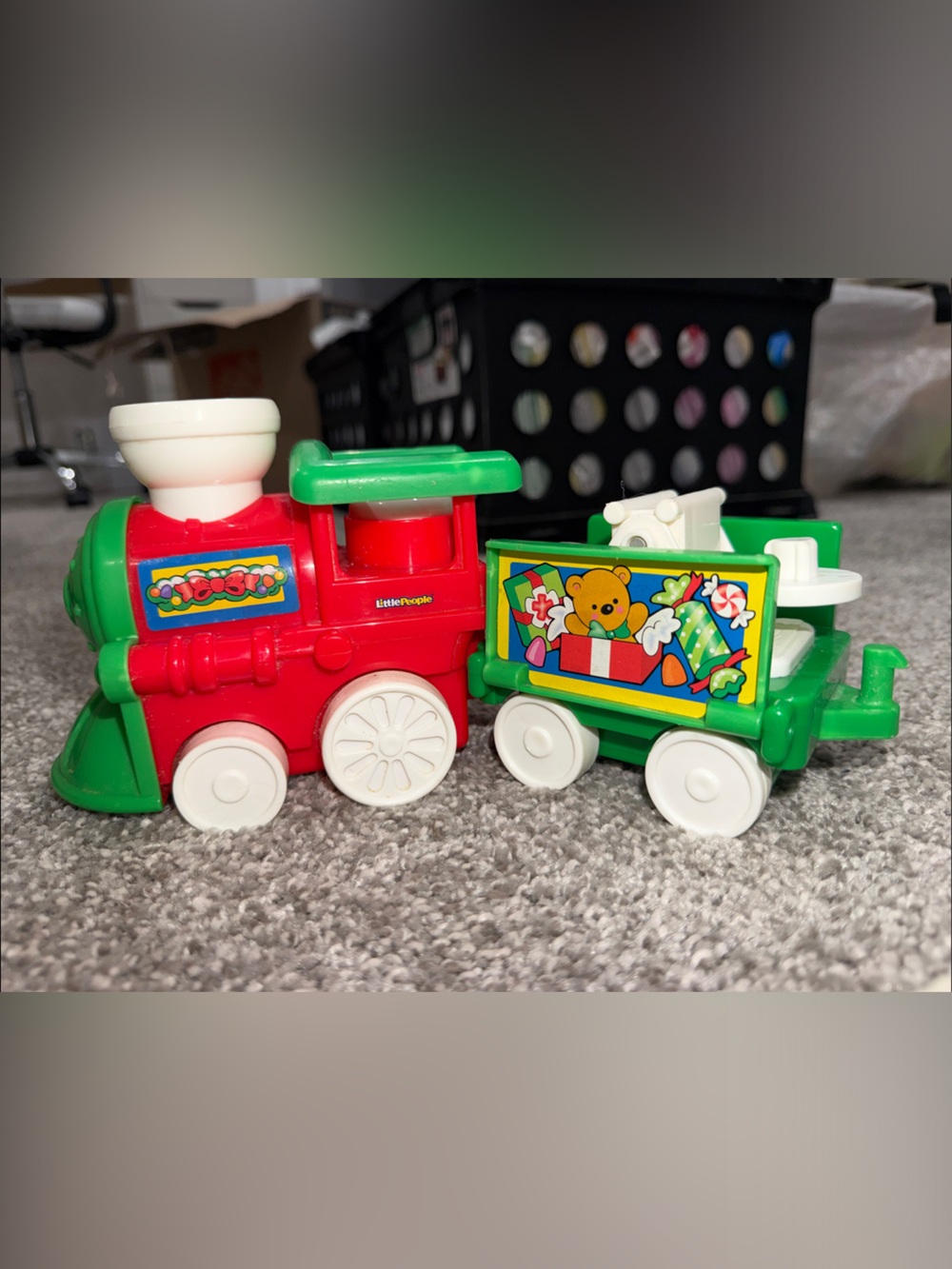 Vintage Fisher-Price Red and Green Plastic Toy Train Engine with White Wheels
